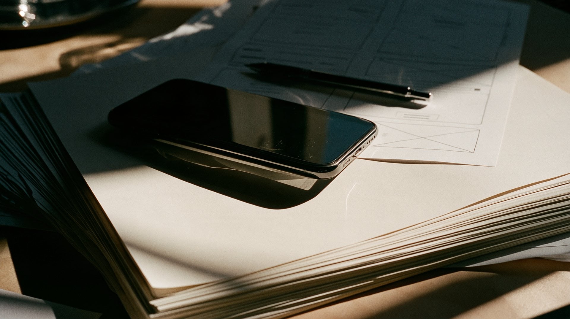 A phone and pen resting on printed wireframes in hard afternoon light