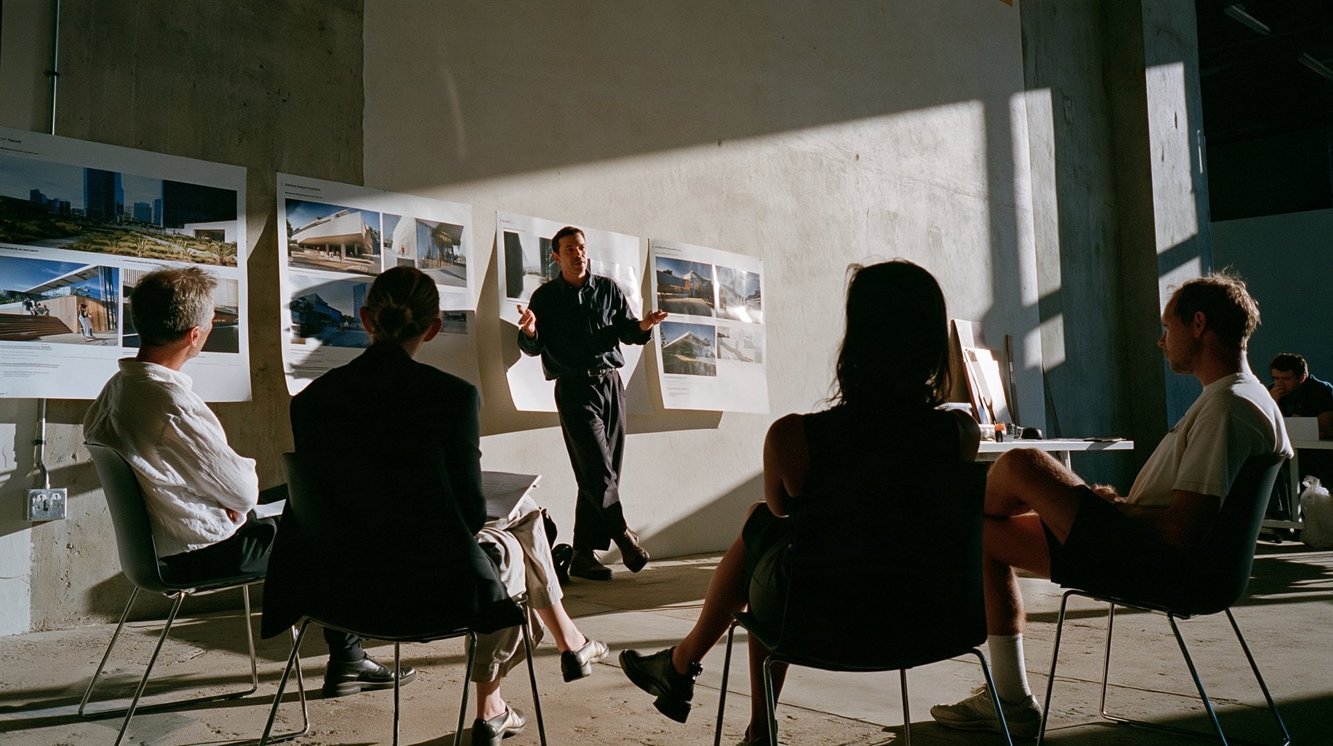 A presenter talking a seated group through work pinned to a sunlit concrete wall