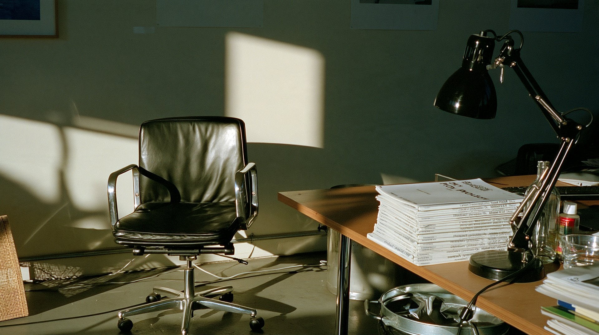A leather office chair, a desk lamp and a stack of printed documents in a quiet studio