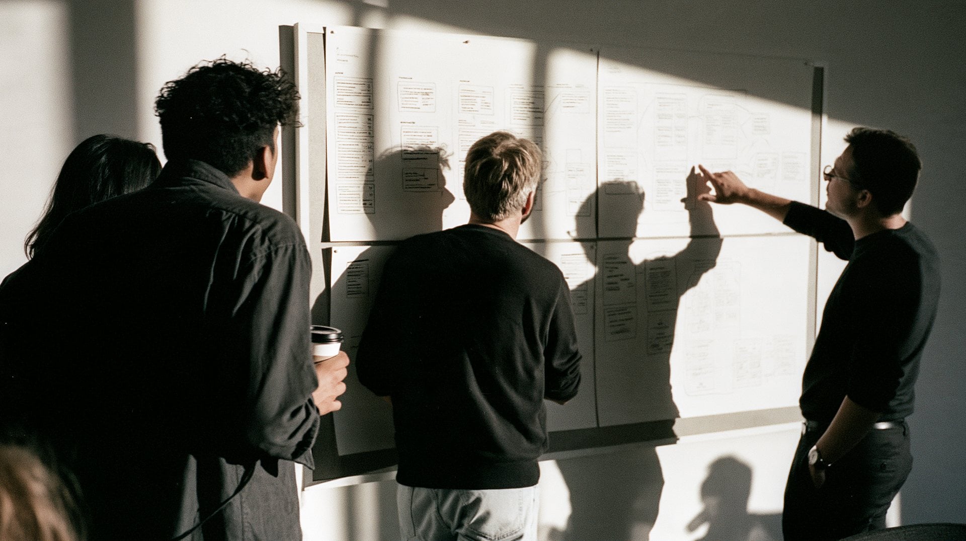 A team gathered at a wall of printed user flows while one person points out a step