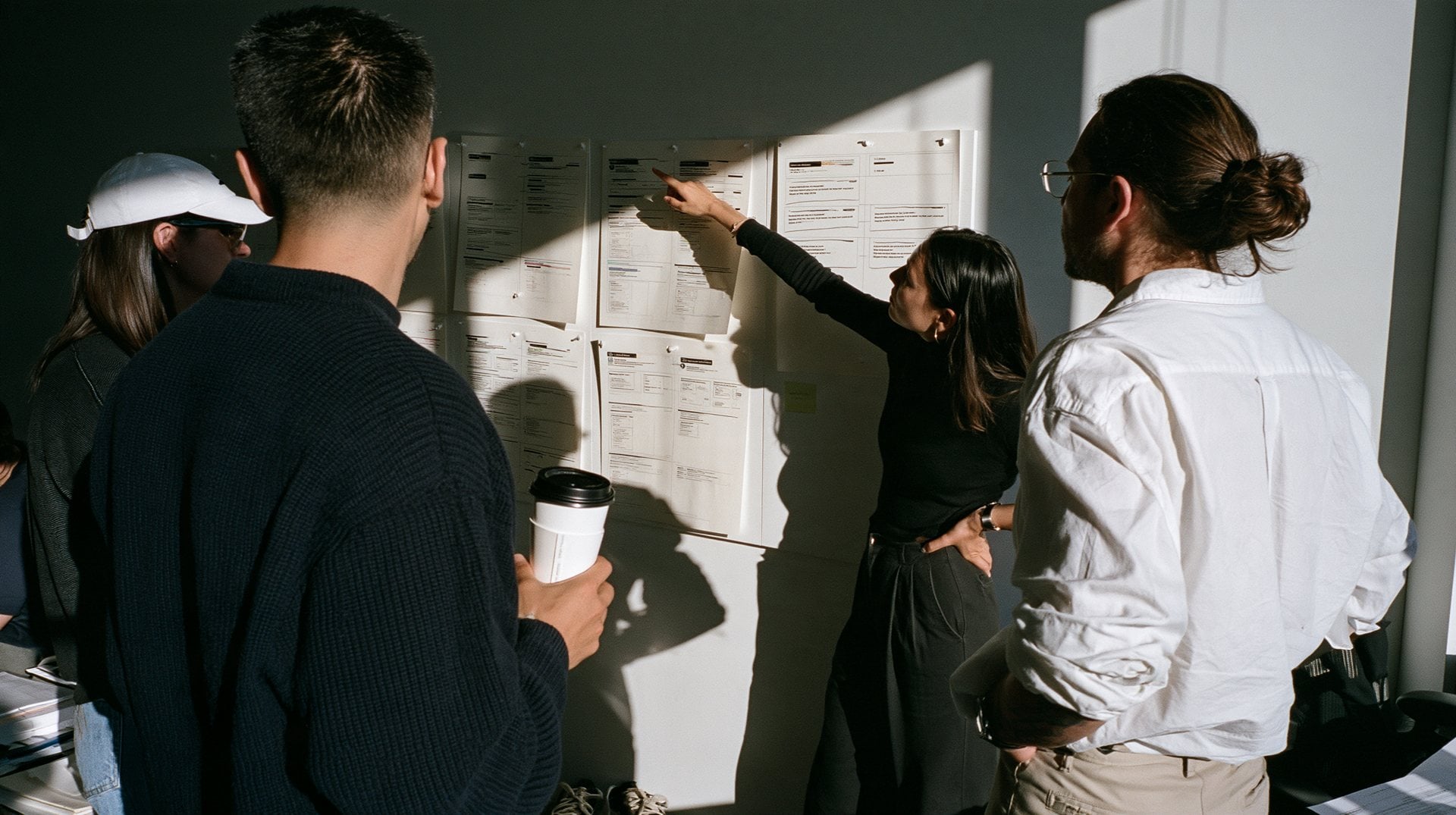 A designer pointing at wireframes pinned to a wall as colleagues look on