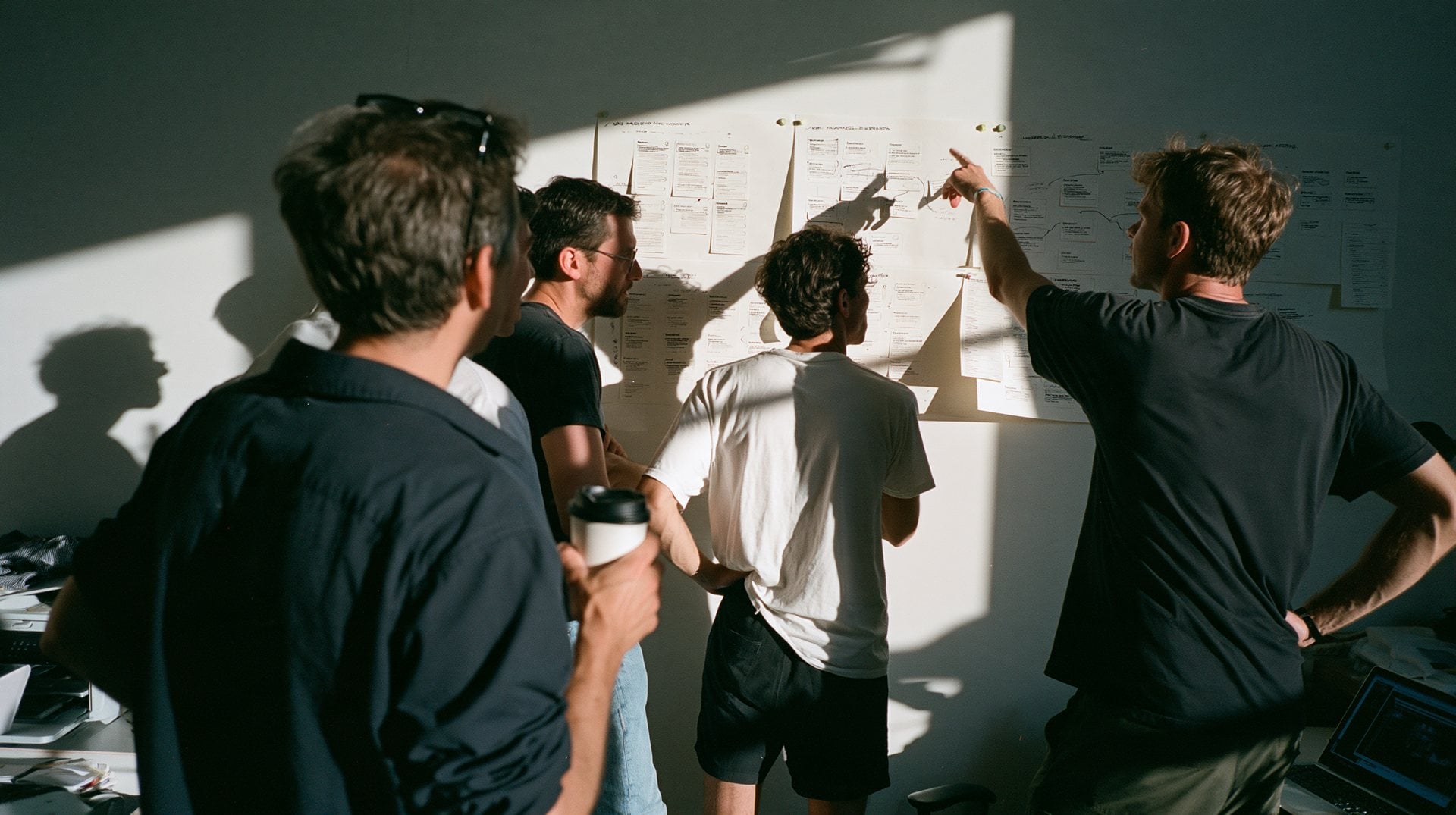 A group around a wall of sketched screens and notes, one person pointing