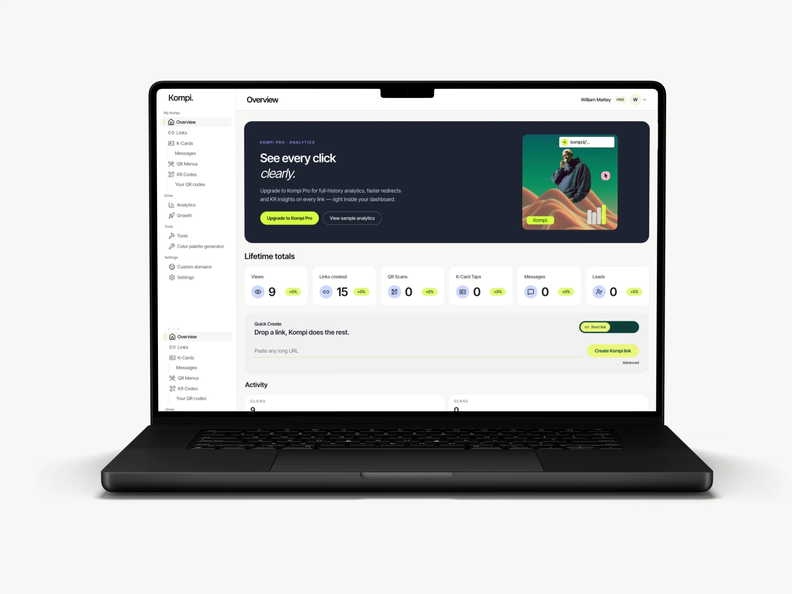 Kompi.App dashboard, where commerce is a block alongside everything else